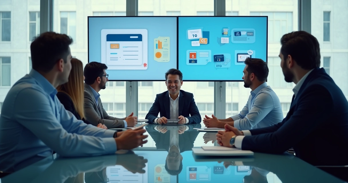 Equipe de vendas em reunião com clientes em sala moderna 