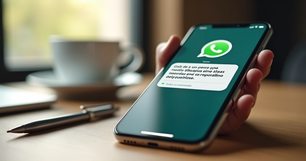 Como comprar contatos WhatsApp B2B com dados qualificados 3 Mensagem de saudação comercial no WhatsApp em celular sobre a mesa