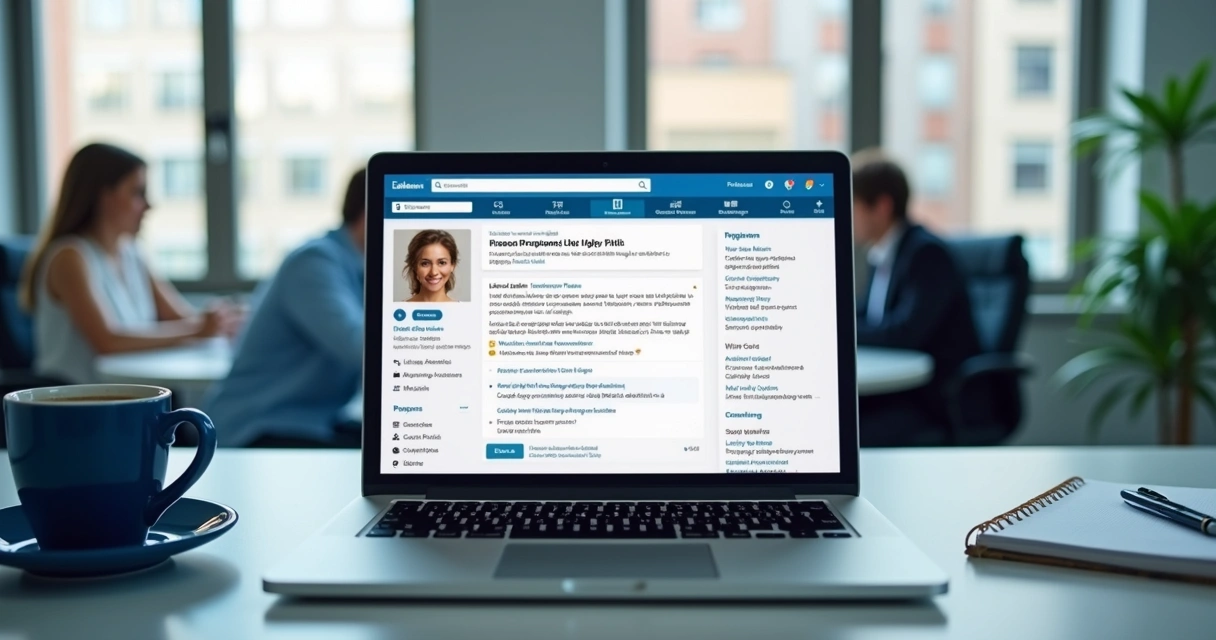 Perfil do LinkedIn aberto em notebook, pessoa inicia conversa B2B 
