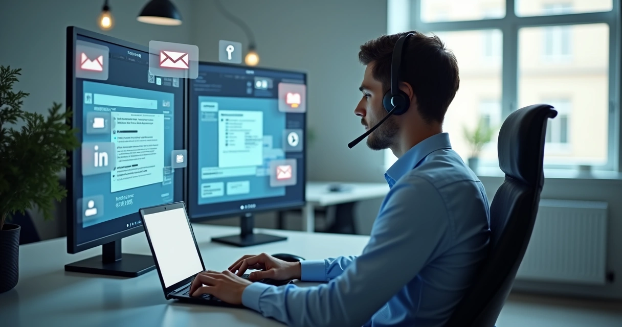 Profissional enviando mensagem por diferentes canais pela tela do computador.