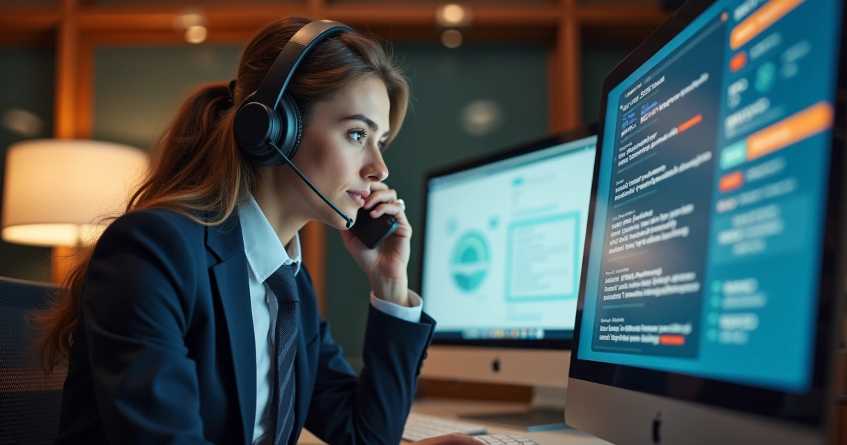 Comercial falando ao telefone com tela mostrando cargo e dados enriquecidos do lead 