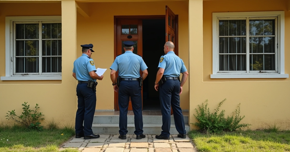 Policiais batendo na porta de uma casa 
