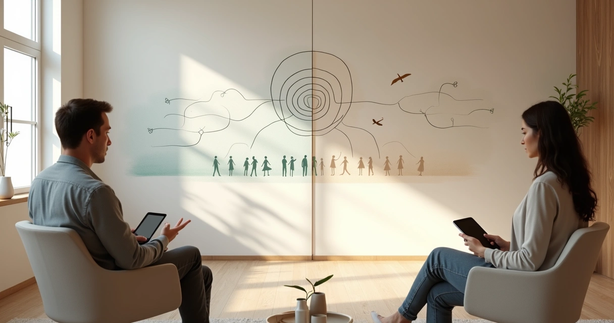 Duas pessoas observando quadro com dois sistemas humanos interligados 