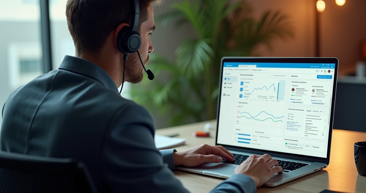 Consultor de vendas realiza ligação personalizada olhando dados do lead no notebook 