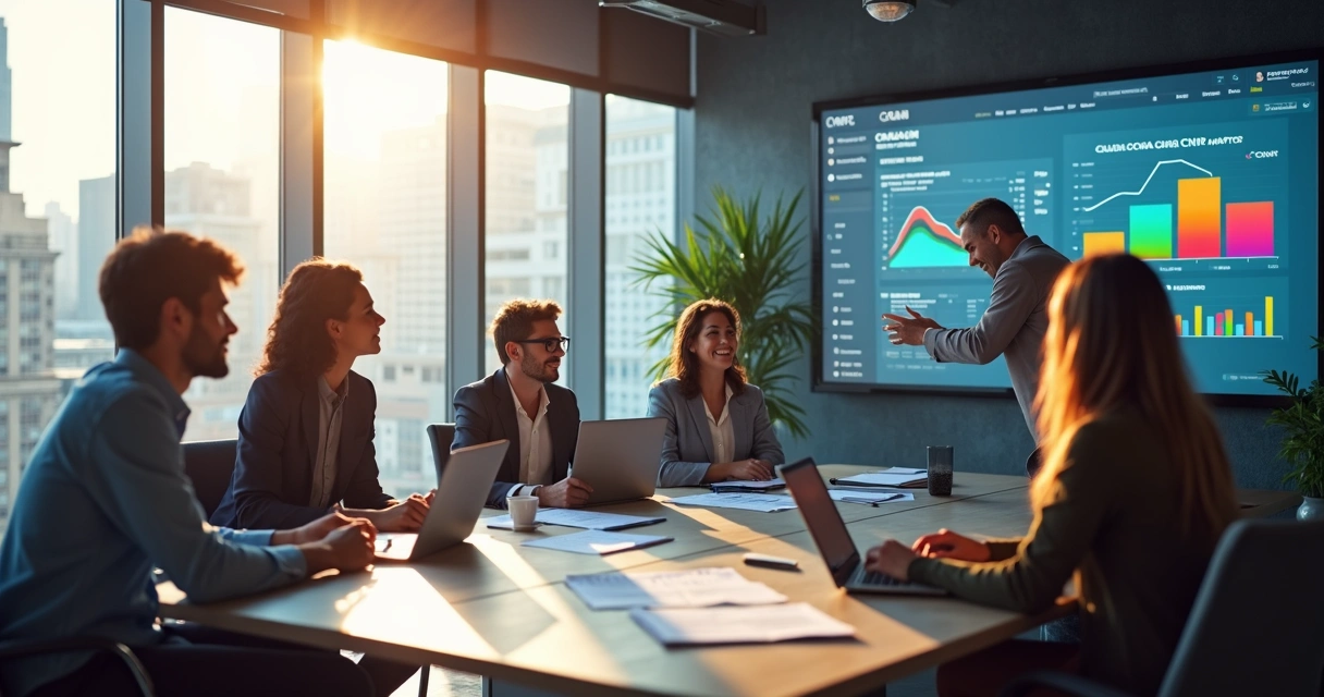 Equipe de vendas em reunião analisando dados de prospecção 