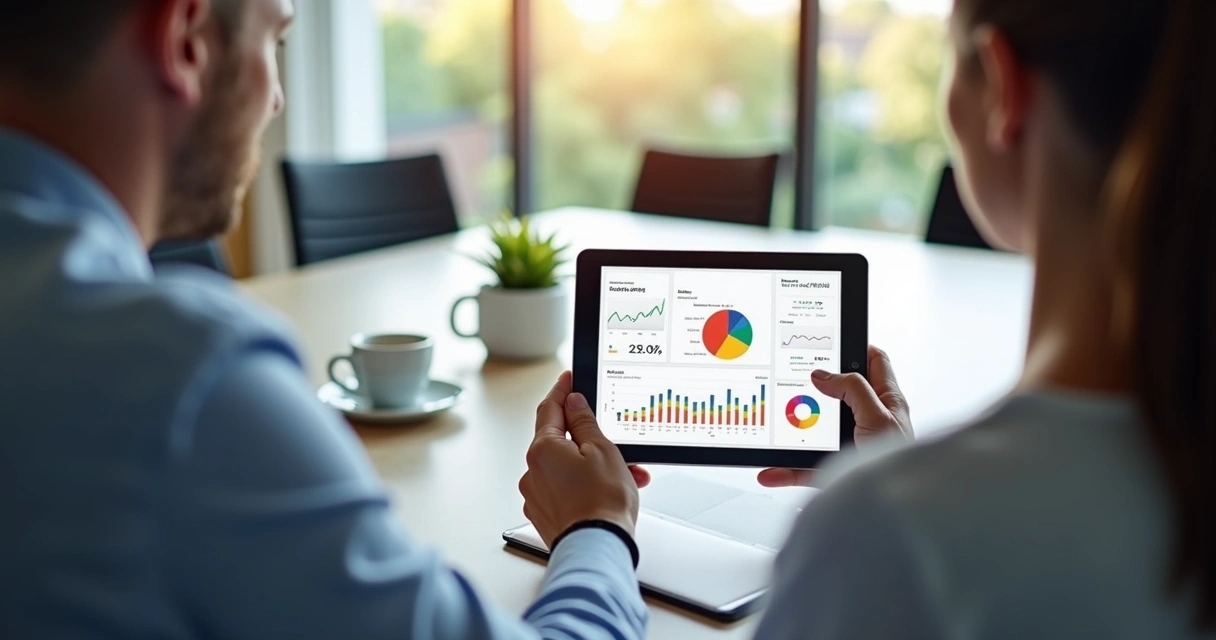 Pessoa apresentando dados de vendas em tablet 