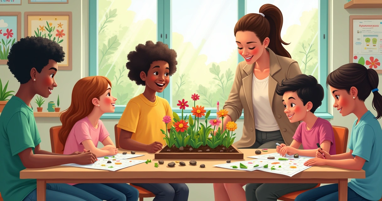 Cena de uma sala de aula com alunos trabalhando em diferentes abordagens pedagógicas e um jardim coletivo.