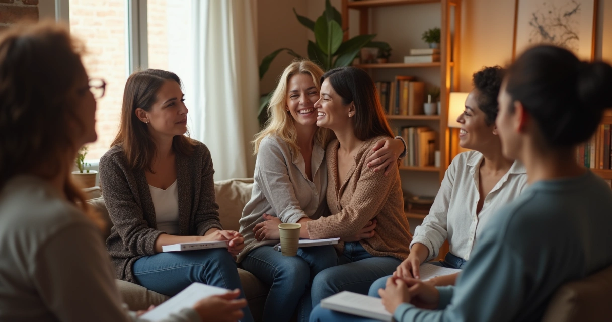 Abraço coletivo em grupo de apoio para pessoas com ansiedade 
