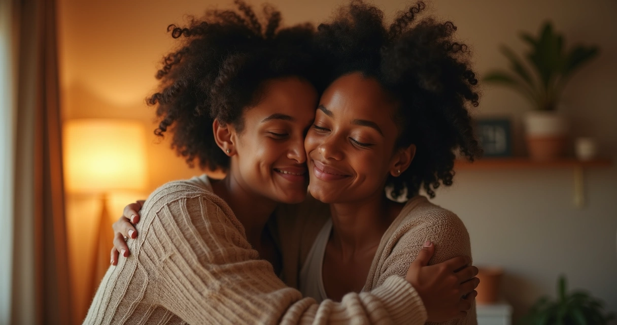 Duas pessoas se abraçando em um momento de conforto íntimo. 