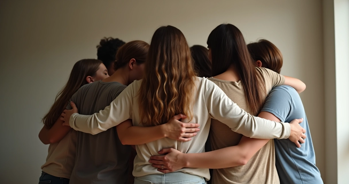 Um grupo de pessoas se abraçando em um círculo, em um ambiente neutro com luz suave