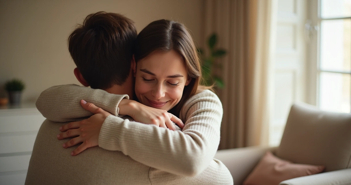 Duas pessoas se abraçando em um ambiente acolhedor
