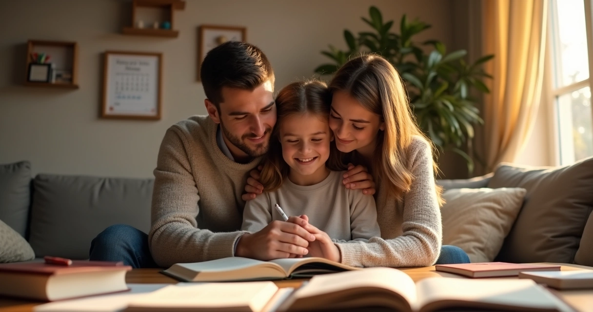 Jovem estudante recebe abraço de familiares na sala com livros espalhados 