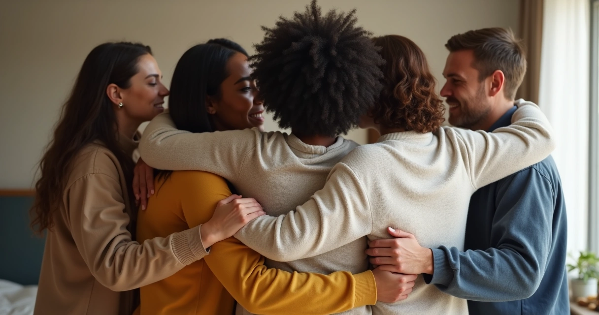 Grupo de pessoas se abraçando, transmitindo emoção e acolhimento 