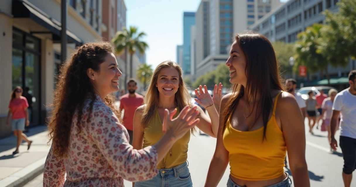 Duas brasileiras tentando abraçar uma americana nas ruas de Orlando 