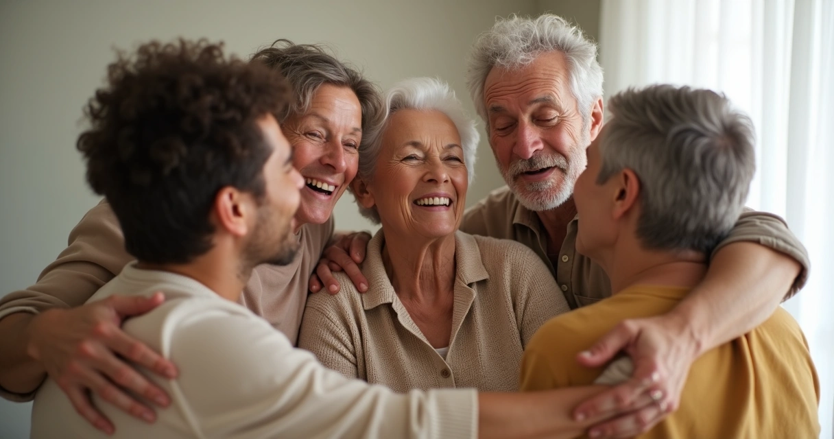 Grupo de pessoas reunidas em abraço coletivo, expressando apoio e empatia 