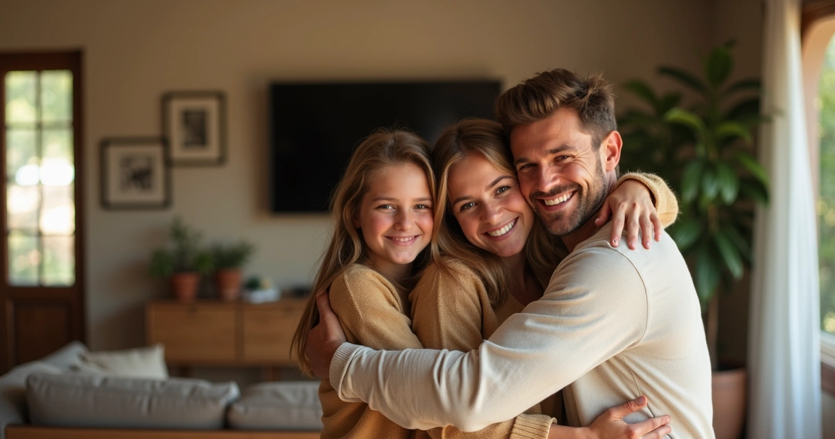 Familia abrazándose en la sala de una casa, con luz cálida 