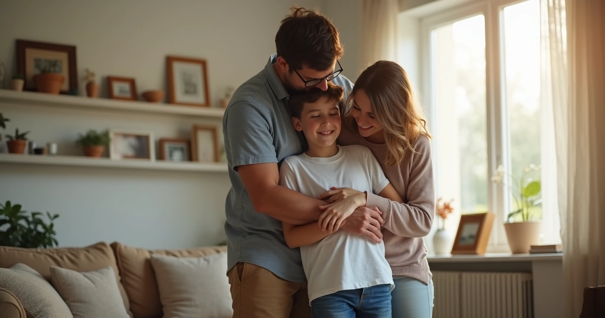 Padre y madre abrazando a su hijo adolescente en la sala 