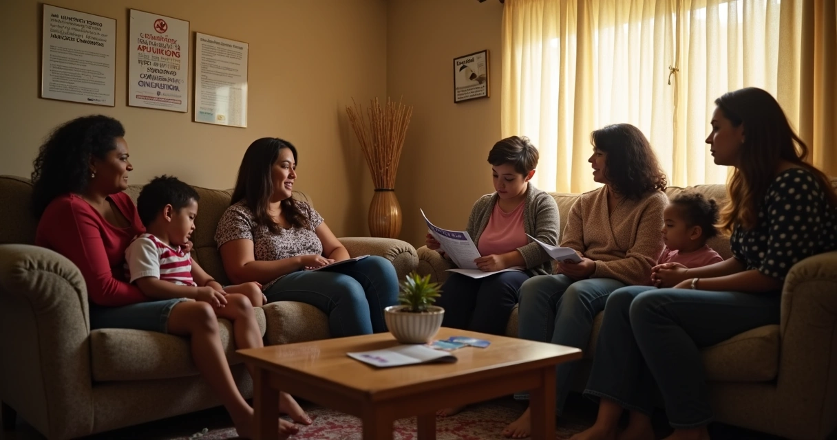 Mulheres em abrigo social se apoiando e conversando 