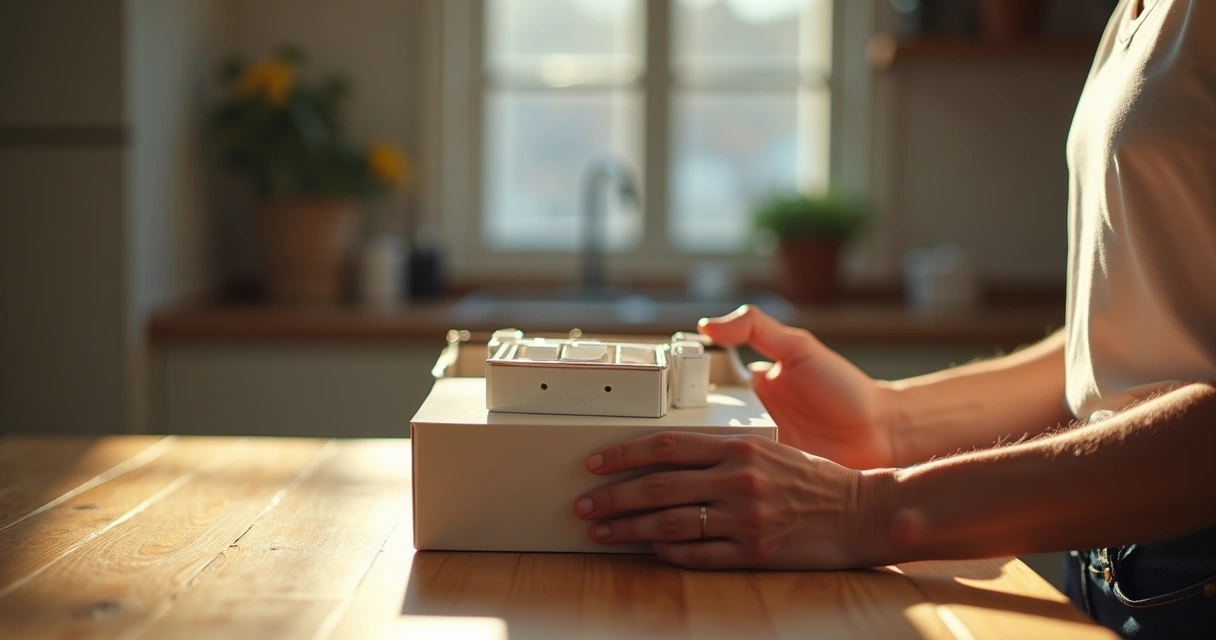 Pessoa abrindo caixa com produto novo na bancada 