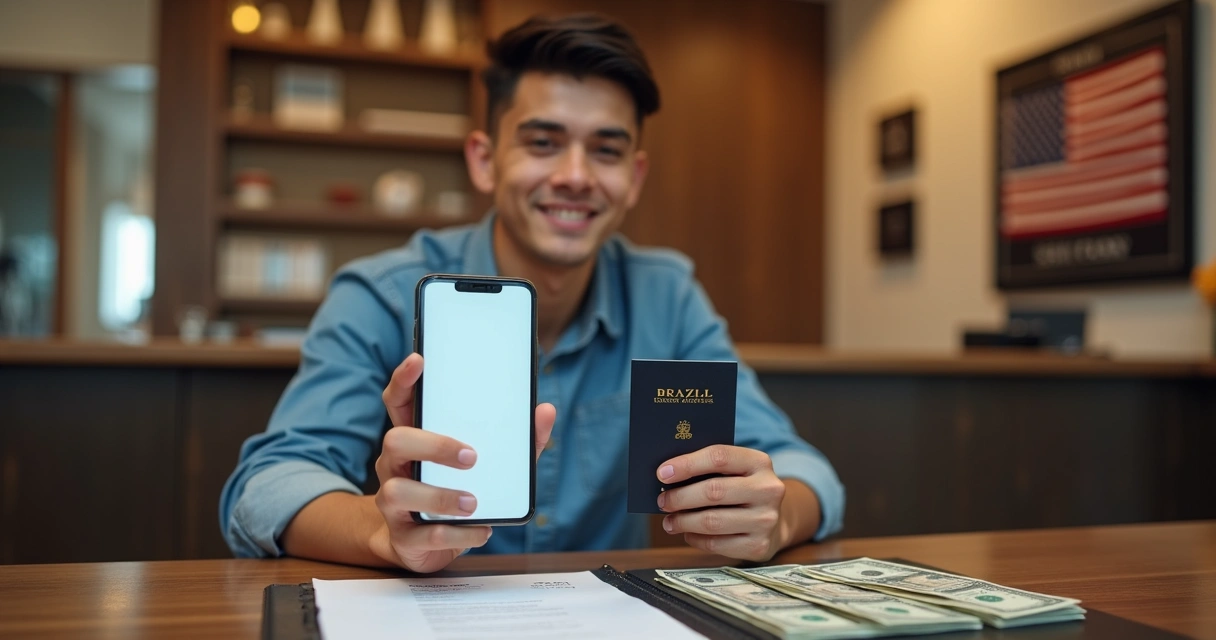 Como Abrir Conta em Banco Americano: Passo a Passo Para Brasileiros 2 Pessoa segurando passaporte brasileiro e smartphone com tela mostrando app de banco americano