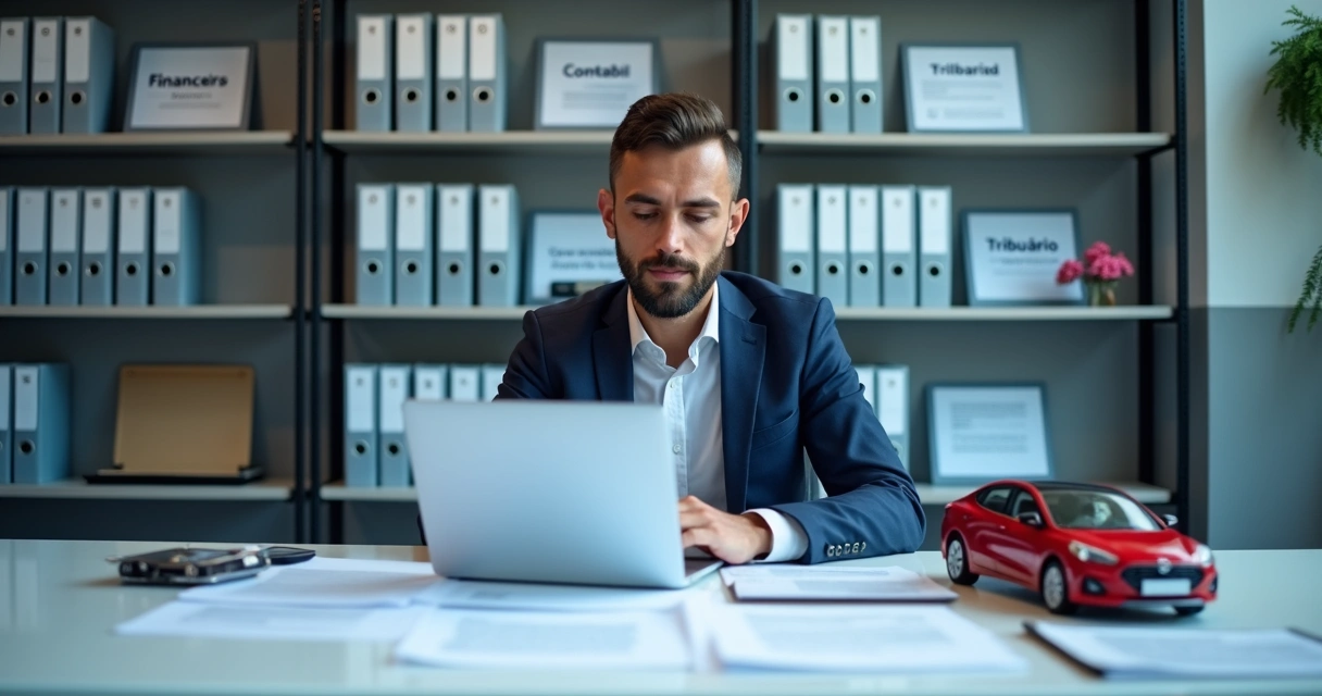 Pessoa abrindo empresa para revenda de carros sentado à mesa com computadores e papeis 