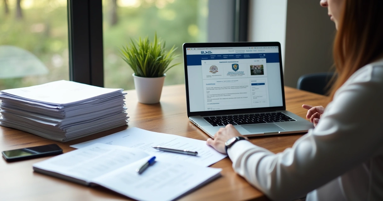 Pessoa usando notebook para abrir empresa online, documentos ao lado 