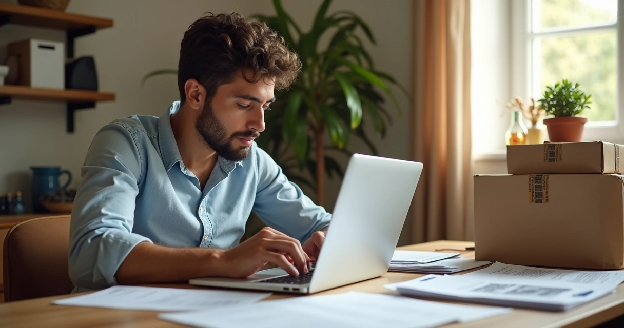 Empresário preenchendo documentos e laptop aberto mostrando tela de abertura de empresa online