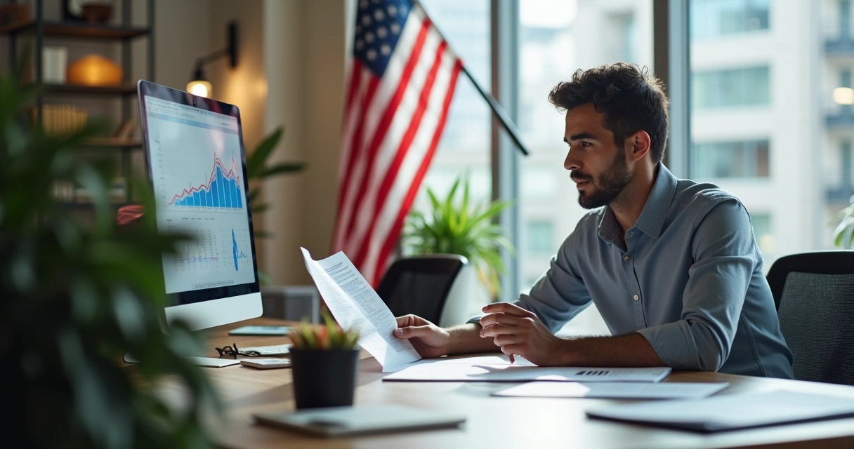 Como emitir nota fiscal nos EUA: exigências para brasileiros 2 Empresário brasileiro analisando documentos fiscais nos EUA