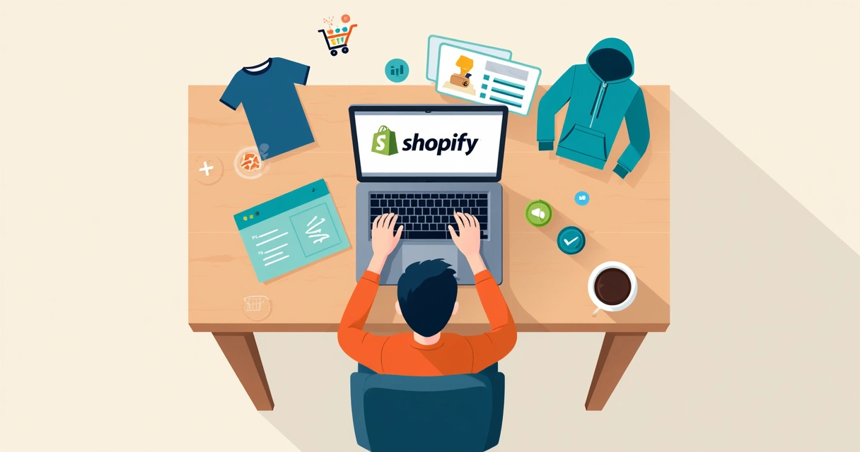 Pessoa criando loja de roupas na Shopify em um notebook em mesa clara 