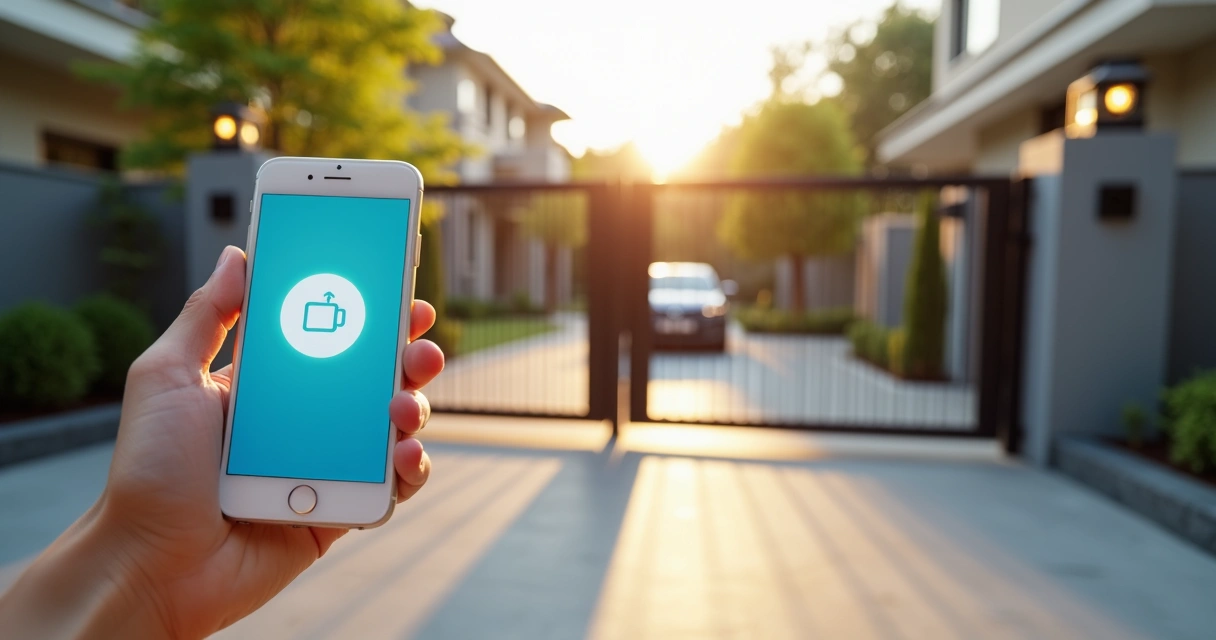Pessoa abrindo portão eletrônico pelo aplicativo no celular