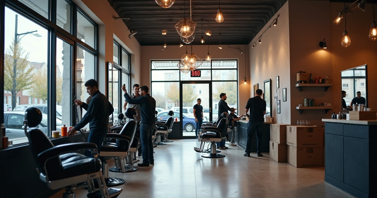 Equipe montando segunda unidade de barbearia, caixa de ferramentas e fachada nova. 