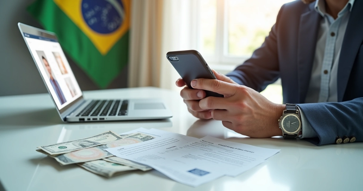 Como Abrir Conta em Banco Americano: Guia para Brasileiros 1 Pessoa brasileira sorrindo com laptop, fazendo videoconferência para abrir conta bancária digital nos EUA