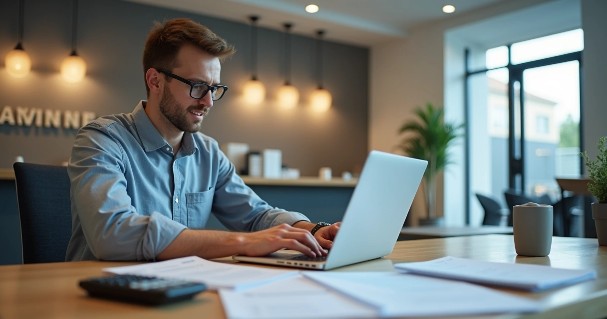 Pessoa em agência bancária em Portugal, usando computador para abrir conta bancária, com ambiente moderno e luz natural 