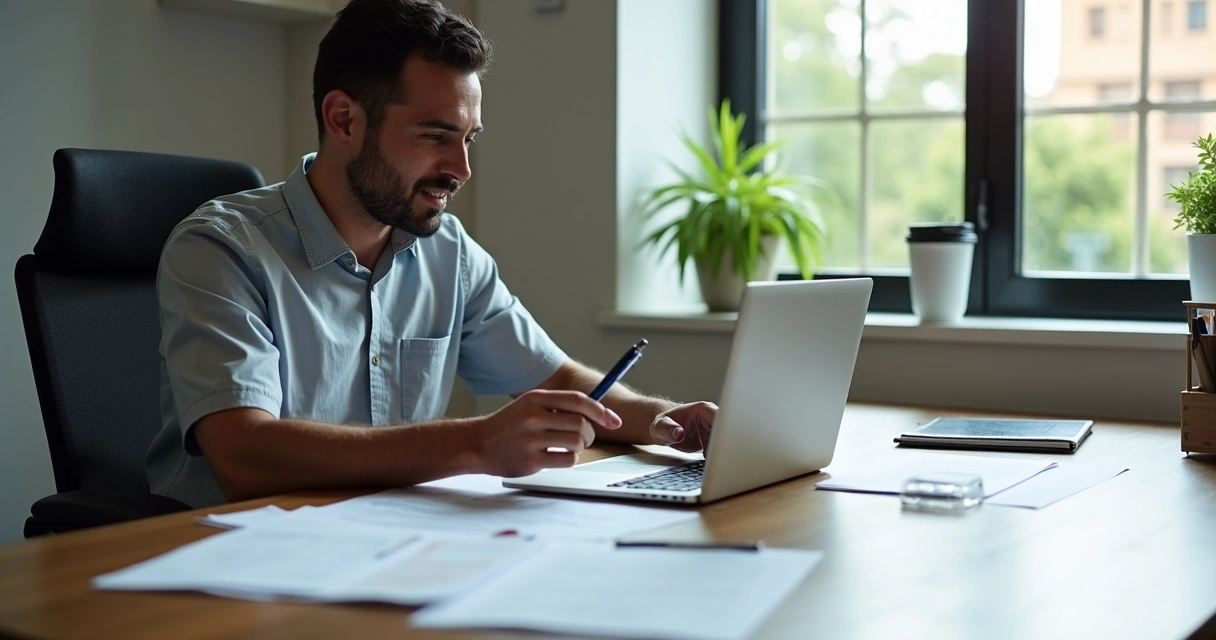 Como abrir conta bancária nos EUA: guia passo a passo 2026 1 Empreendedor brasileiro analisando documentos para abrir conta bancária nos EUA, com computador e papéis sobre a mesa