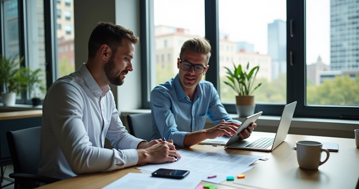 Empreendedor e contador analisando documentos para abertura de empresa em escritório moderno