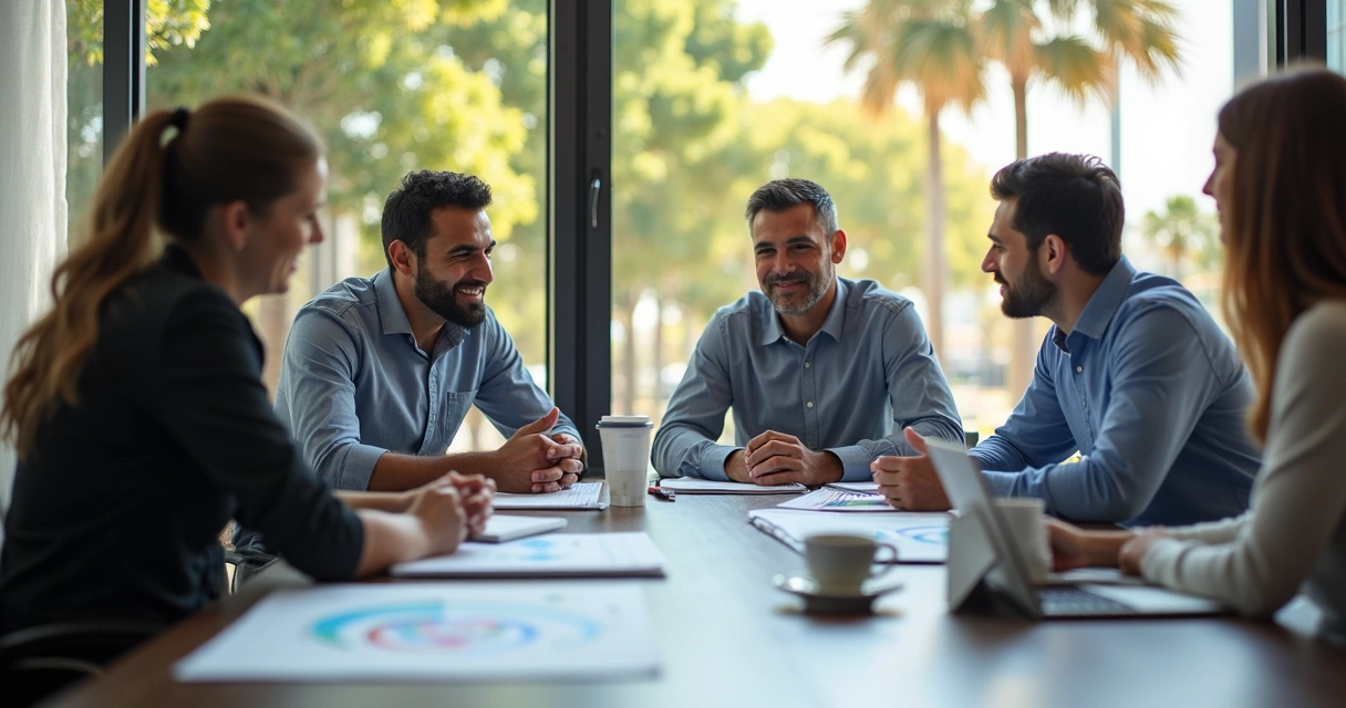Empresário brasileiro em mesa de reuniões com documentos e café 
