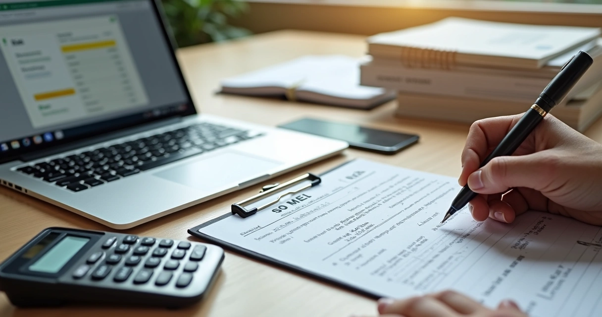 Mesa com documentos para abrir MEI, calculadora, computador e pessoa consultando guia DAS para pagamento 