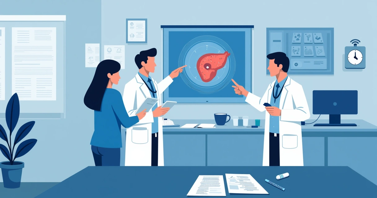 Antibióticos orais na endocardite por Klebsiella hepática: evidências atuais 3 Equipe médica observando exames de imagem de fígado com abscesso em um paciente jovem.