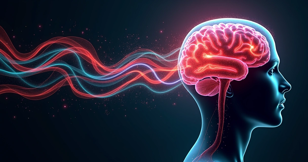 Abstract digital brain with colorful narrative lines on dark background