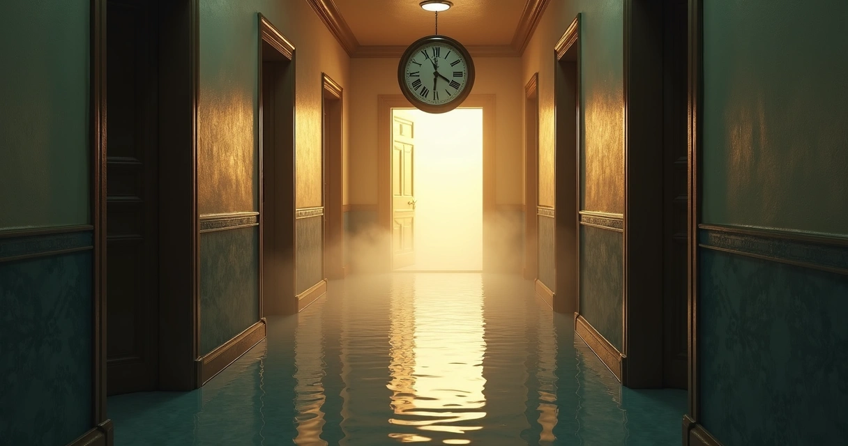 Hallway with symbolic doors, water, and floating clock in dreamlike light 