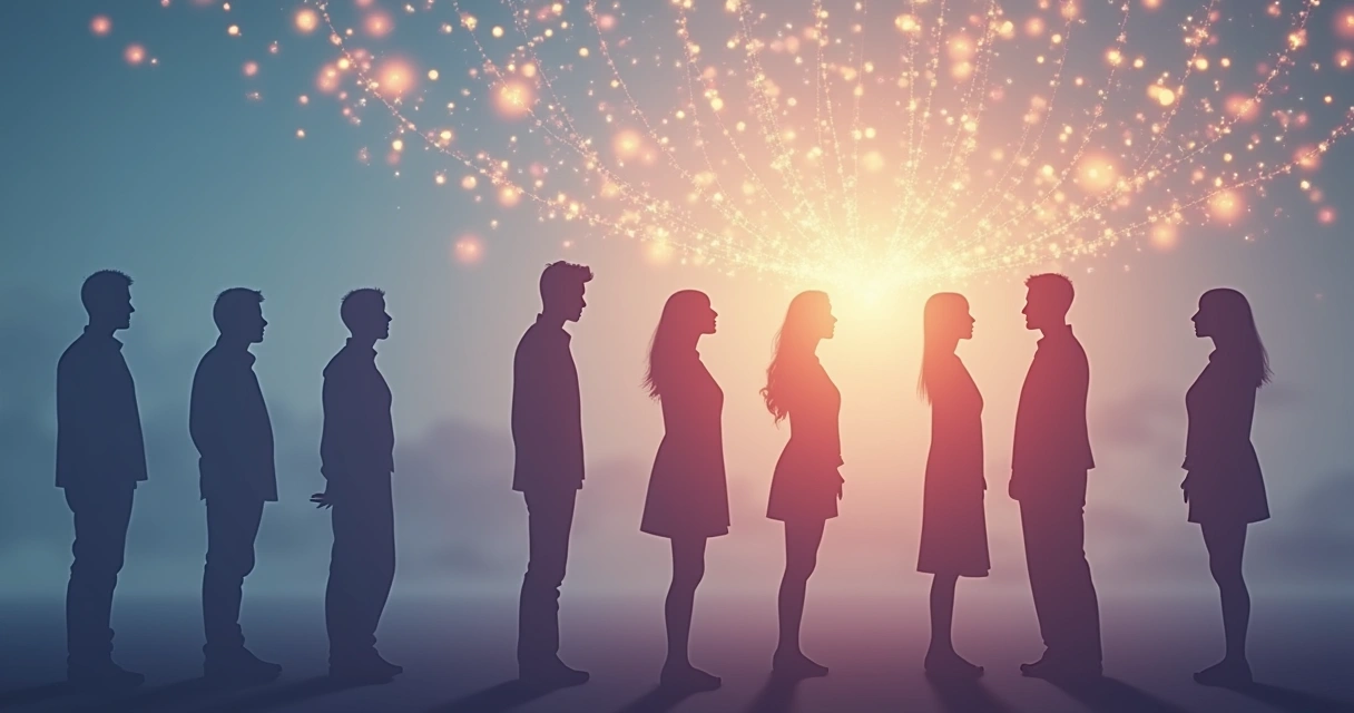 Concept of invisible connections between people shown through subtle glowing lines linking silhouettes 