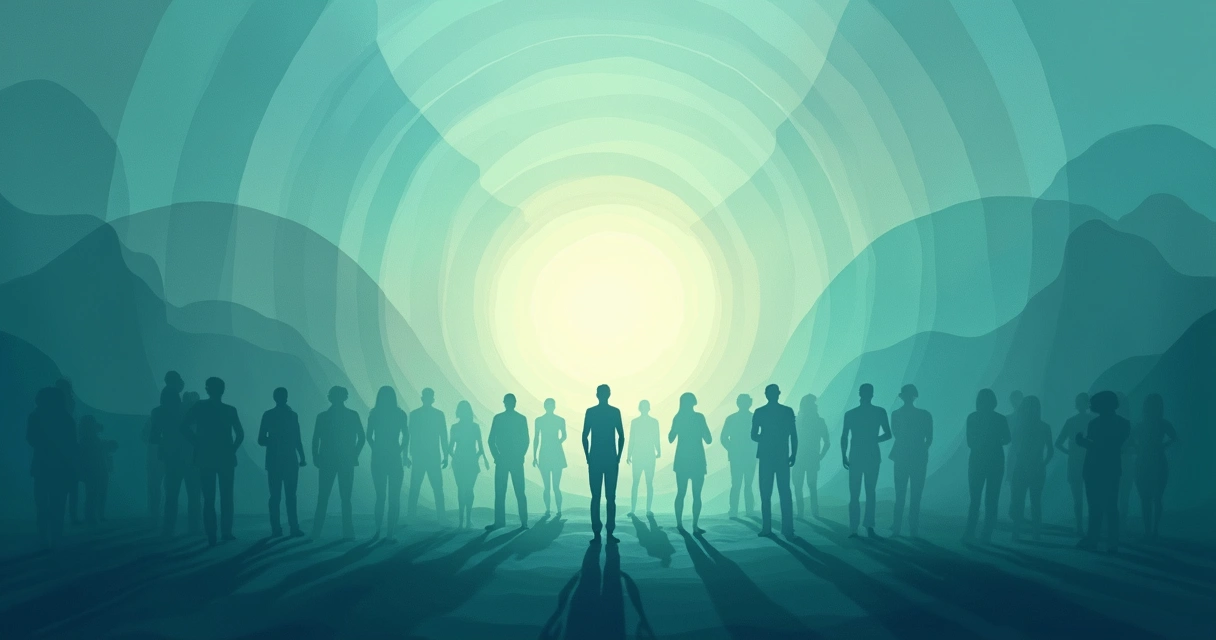 Arte abstrata representando camadas internas de consciência conectadas a decisões sociais 