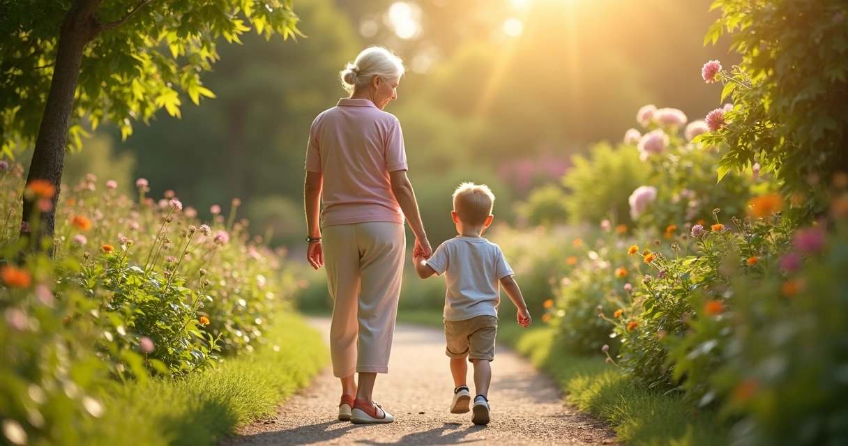 Nieto y abuela sosteniendo manos mientras caminan en el jardín.