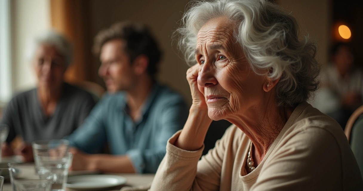 Abuela mayor con expresión triste sentada en la mesa familiar 