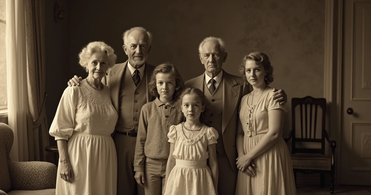 Fotografía antigua de una familia con abuelos y nietos, miradas evasivas.