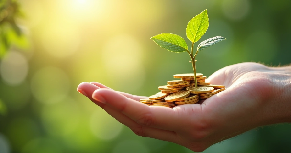 Open hand releasing gold coins with growing green plant 