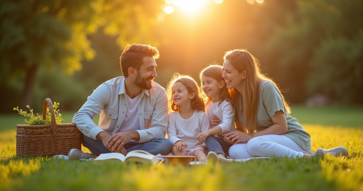 Homem e mulher sorrindo sentados com filhos em jardim tranquilo durante o pôr-do-sol 