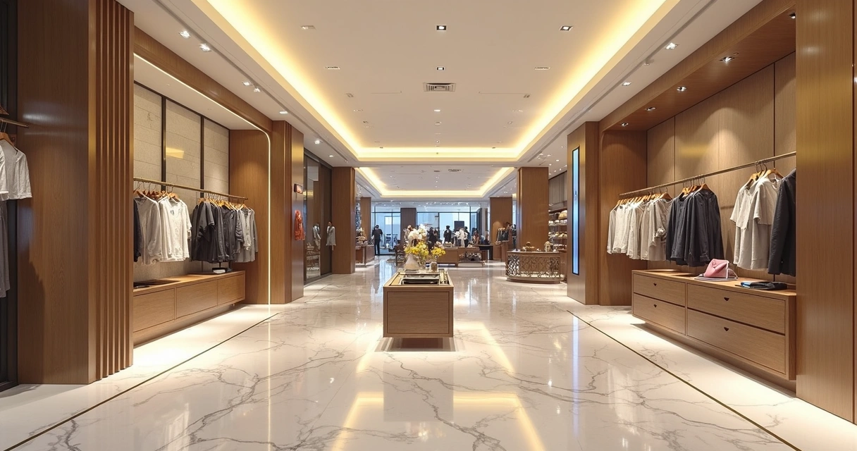 Detalhes de acabamento sofisticado em loja de shopping 