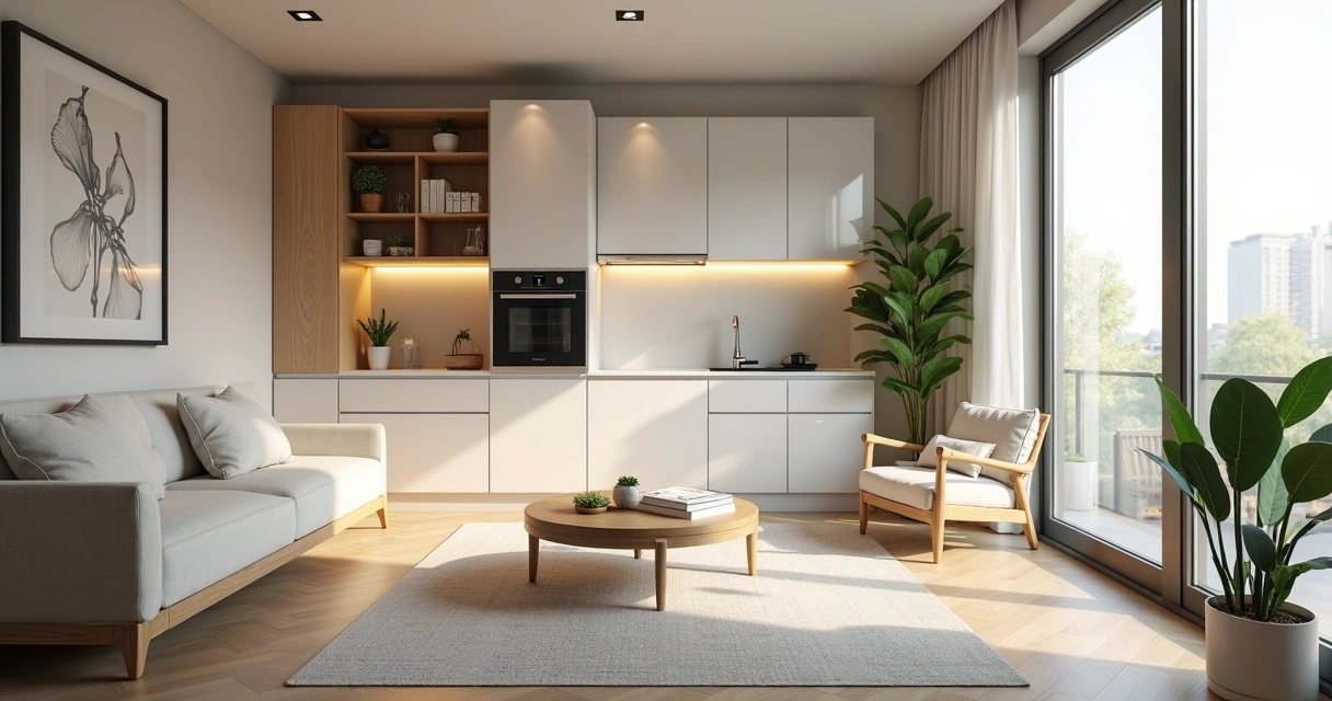 Kitnet mobiliada com móveis planejados claros e janelas grandes