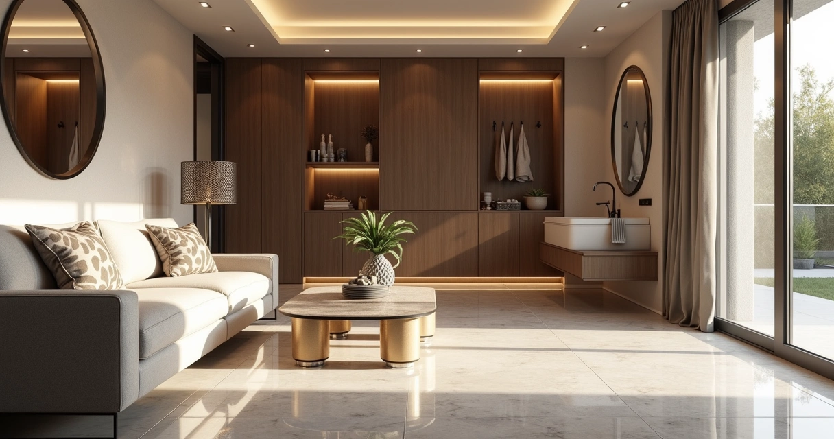 Detalhe do acabamento em porcelanato e iluminação elegante em casa. 
